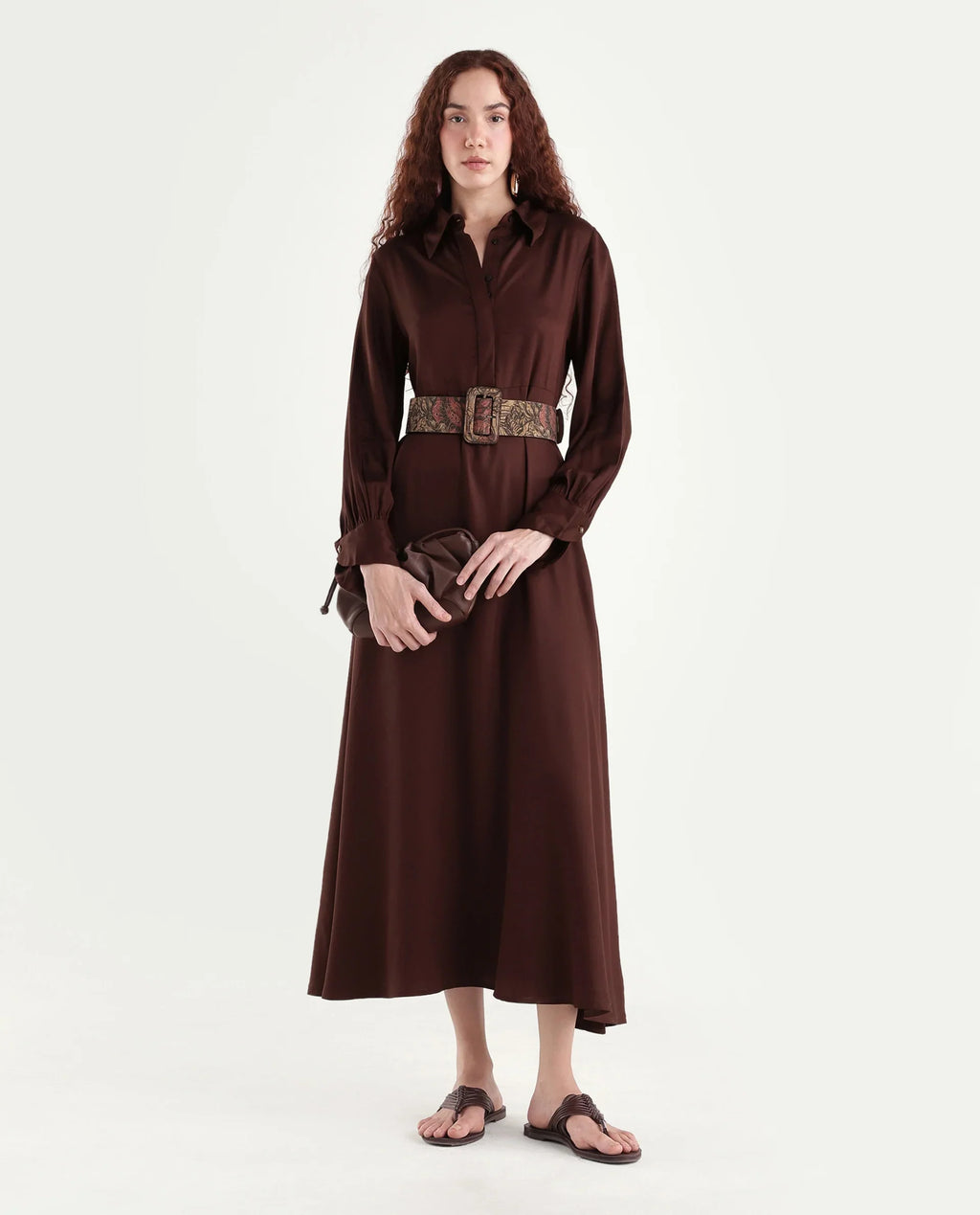Rareism Women's Ronae Brown Viscose Spread Collar Plain Cuffed Sleeve Maxi Flared Dress