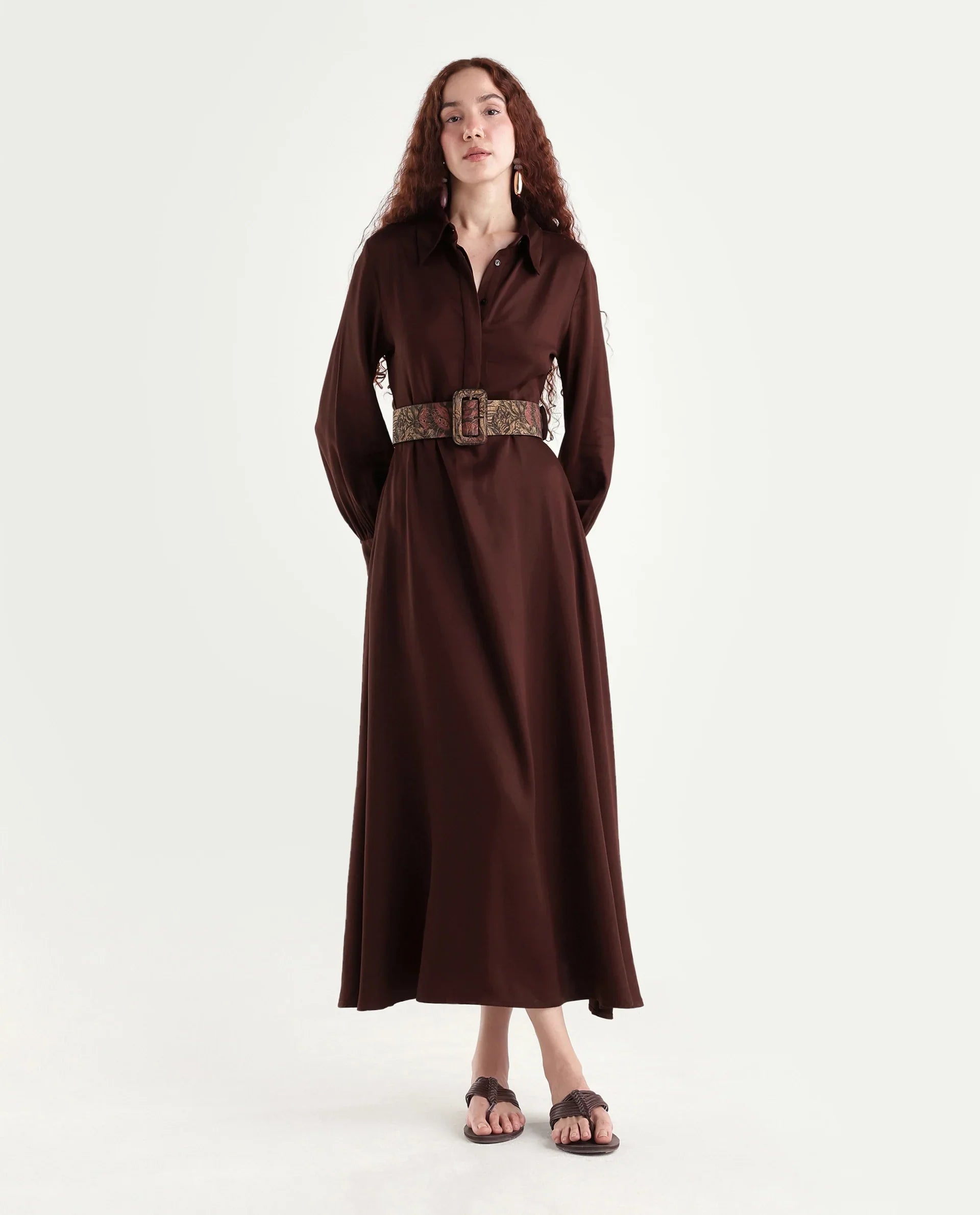 Rareism Women's Ronae Brown Viscose Spread Collar Plain Cuffed Sleeve Maxi Flared Dress