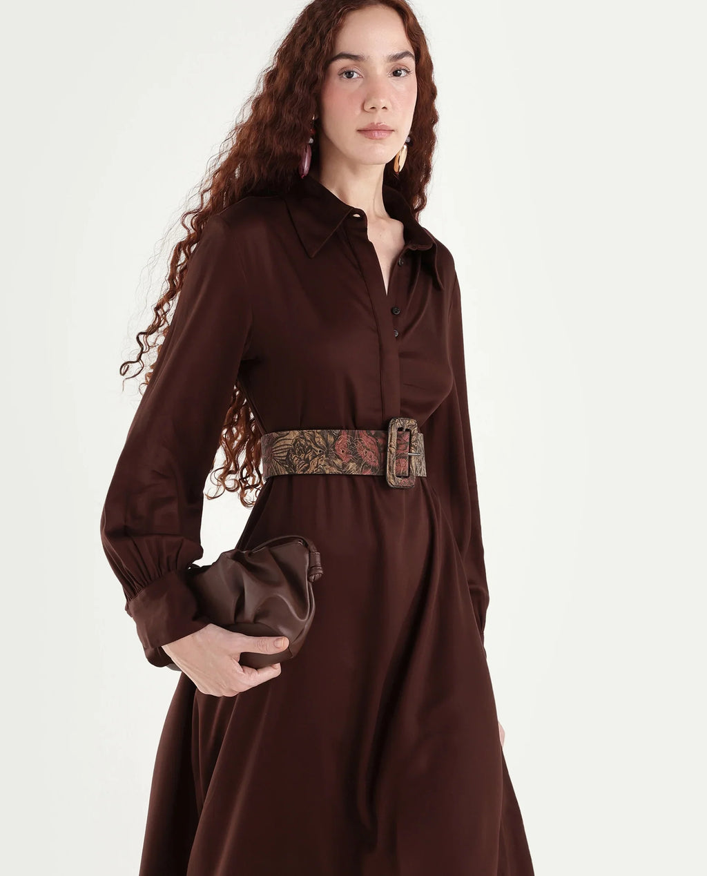 Rareism Women's Ronae Brown Viscose Spread Collar Plain Cuffed Sleeve Maxi Flared Dress