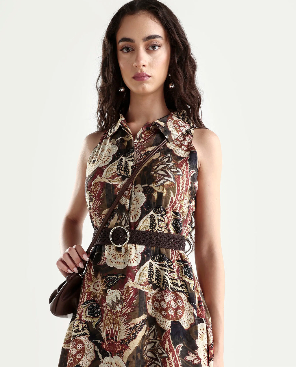 Rareism Women's Ronaf Brown Cotton Spread Collar Abstract Print Sleeveless Maxi Flared Dress