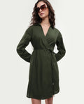 Rareism Women's Ronal Dark Olive Cotton Spread Collar Plain Cuffed Sleeve Knee Length A-Line Dress