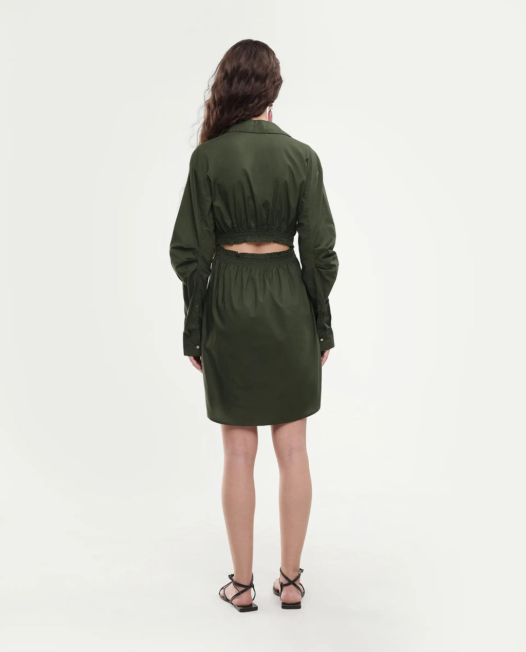 Rareism Women's Ronal Dark Olive Cotton Spread Collar Plain Cuffed Sleeve Knee Length A-Line Dress