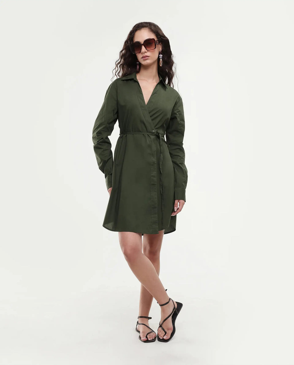 Rareism Women's Ronal Dark Olive Cotton Spread Collar Plain Cuffed Sleeve Knee Length A-Line Dress