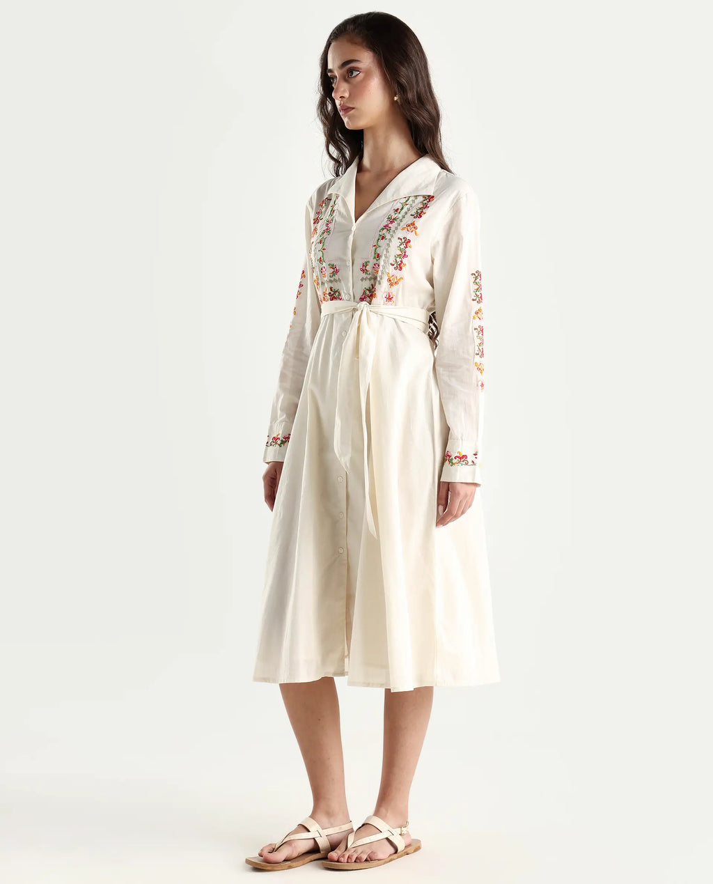 Rareism Women's Ronaq Off White Cotton Spread Collar Plain Cuffed Sleeve Midi A-Line Dress