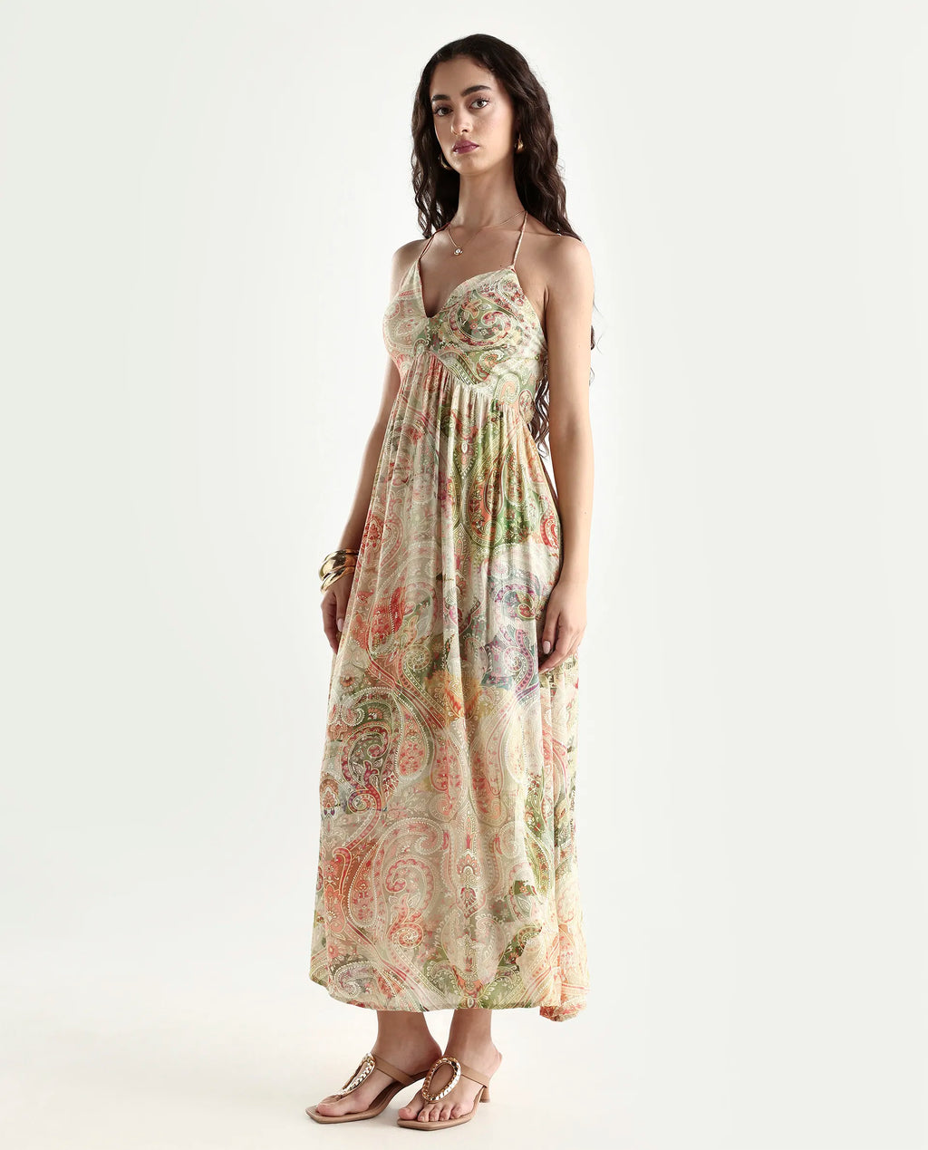 Rareism Women's Ronat Multi Cotton Blend V-Neck Paisley Print Sleeveless Maxi Fit And Flare Dress