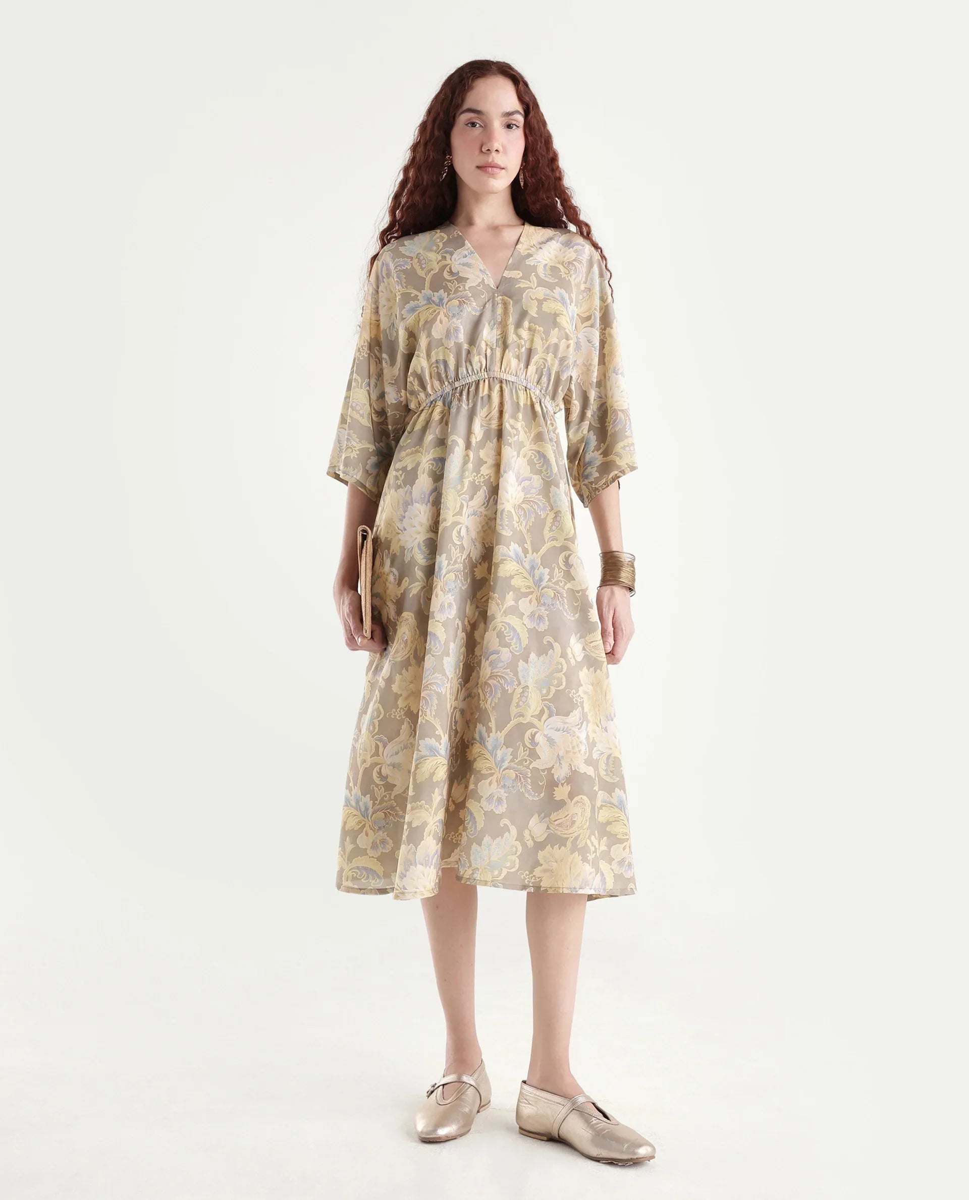 Rareism Women's Ronboh Dark Green Polyester V-Neck Floral Print Kimono Sleeve Knee Length Flared Dress