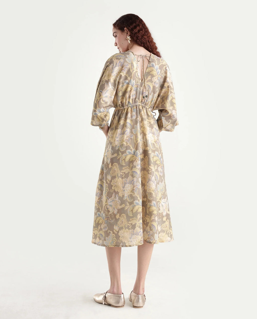 Rareism Women's Ronboh Dark Green Polyester V-Neck Floral Print Kimono Sleeve Knee Length Flared Dress