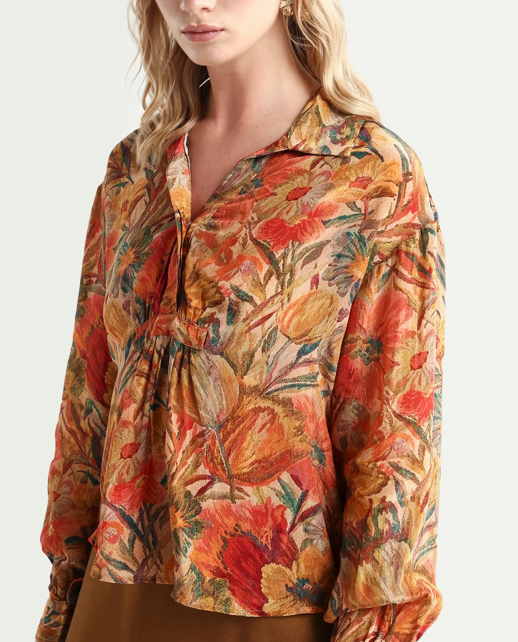 Rareism Women's Ronib Multi Viscose Collared Floral Print Bishop Sleeve Relaxed Fit Top