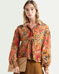 Rareism Women's Ronib Multi Viscose Collared Floral Print Bishop Sleeve Relaxed Fit Top