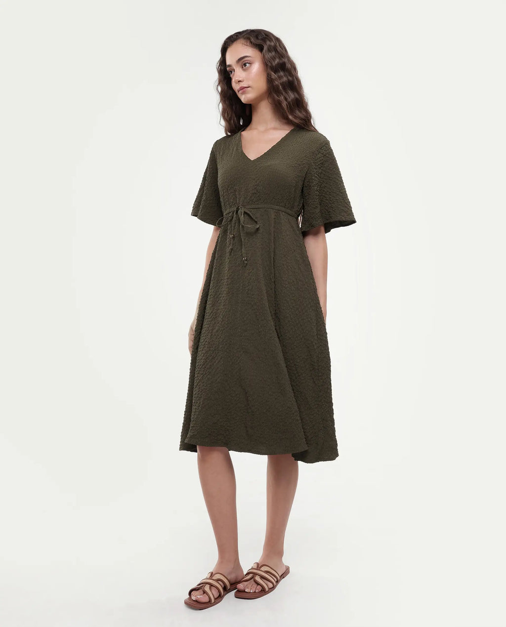 Rareism Women's Ronmien Olive Polyester V-Neck Plain Bell Sleeve Midi A-Line Dress