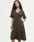 Rareism Women's Ronmien Olive Polyester V-Neck Plain Bell Sleeve Midi A-Line Dress