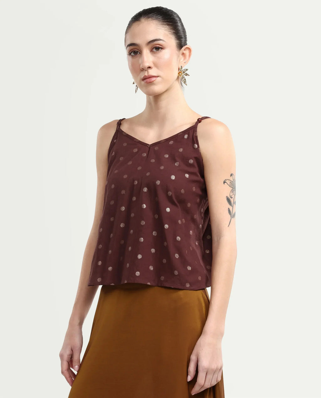 Rareism Women's Ronn Dusky Brown Cotton V-Neck Plain Sleeveless Relaxed Fit Top