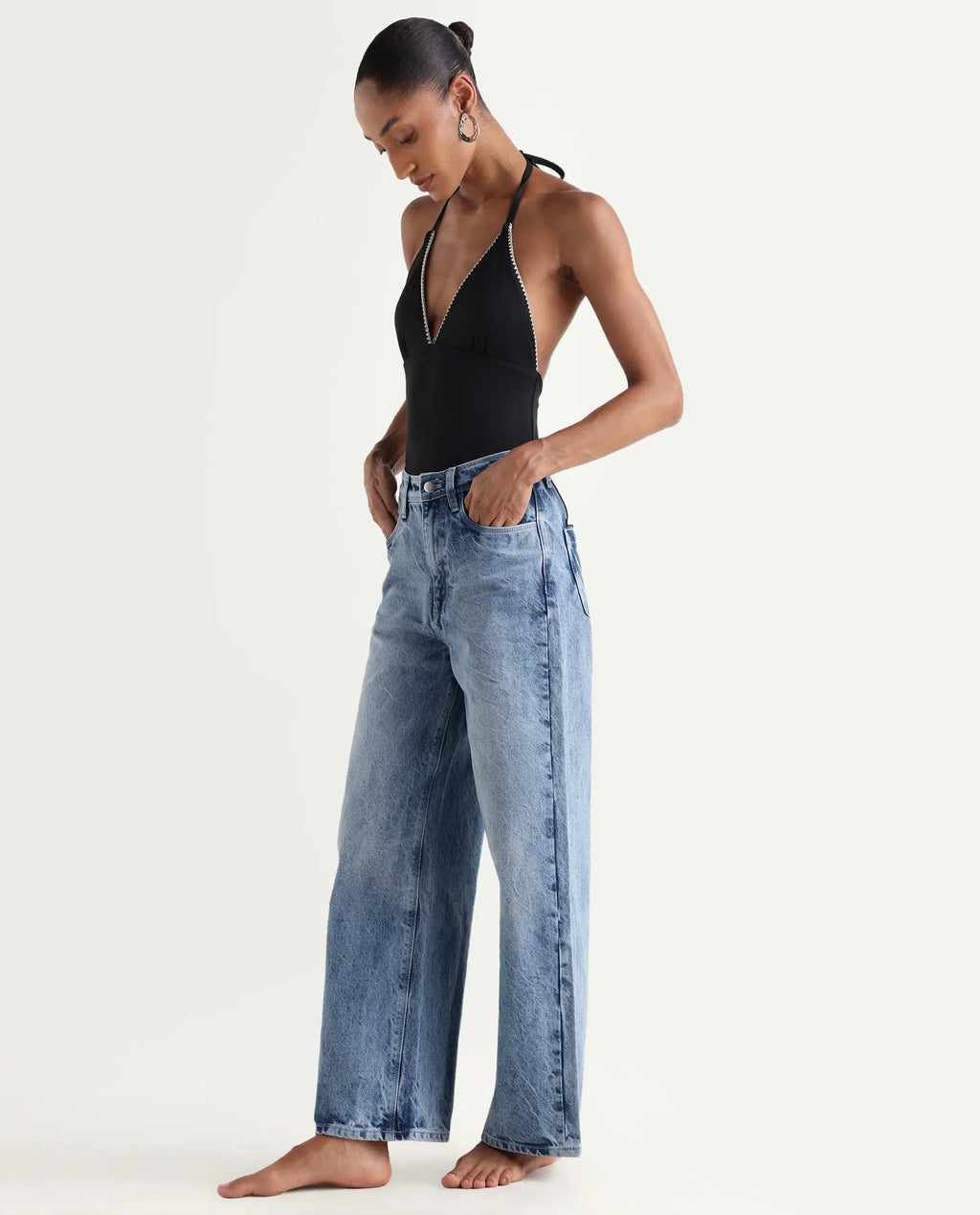 Rareism Women's Pref Blue Cotton Plain Ankle Length Effortless Sculpt high wide Jeans