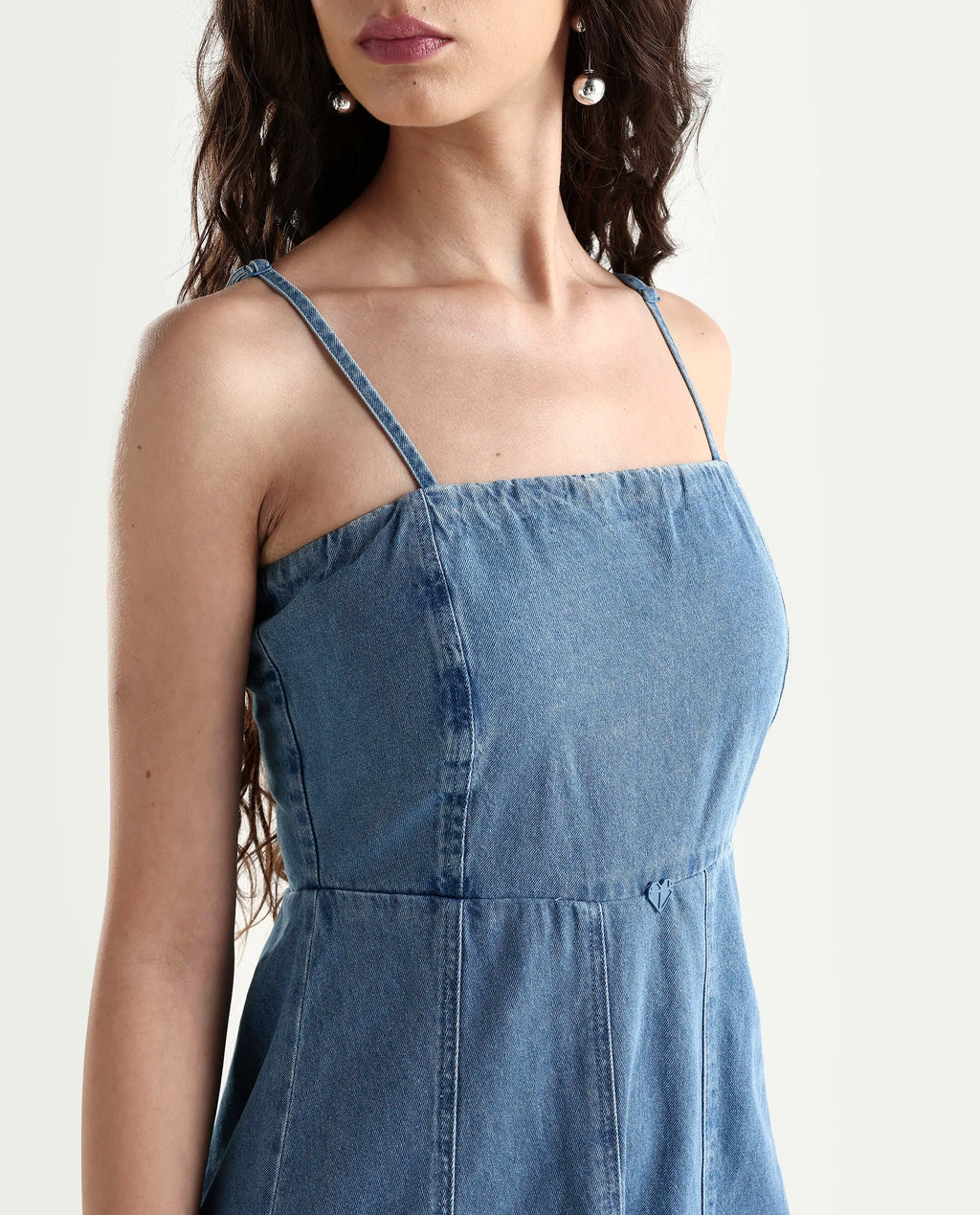 Rareism Women's Trevo Blue Cotton Tube Neck Plain Sleeveless Midi Fit And Flare Dress