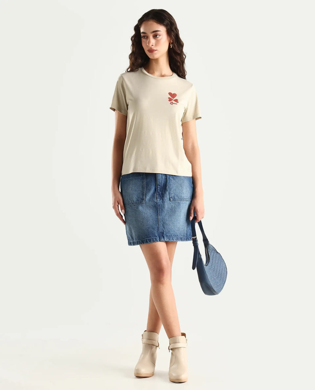 Rareism Women's Sompek Beige Cotton Blend Crew Neck Graphic Print Regular Fit T-Shirt