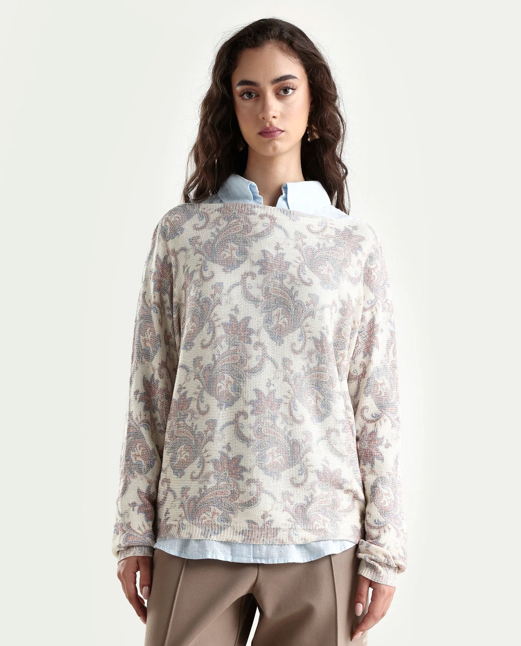 Rareism Women's Nupint Light Multi Viscose Blend Boat Neck Paisley Print Kimono Sleeve Relaxed Fit Top