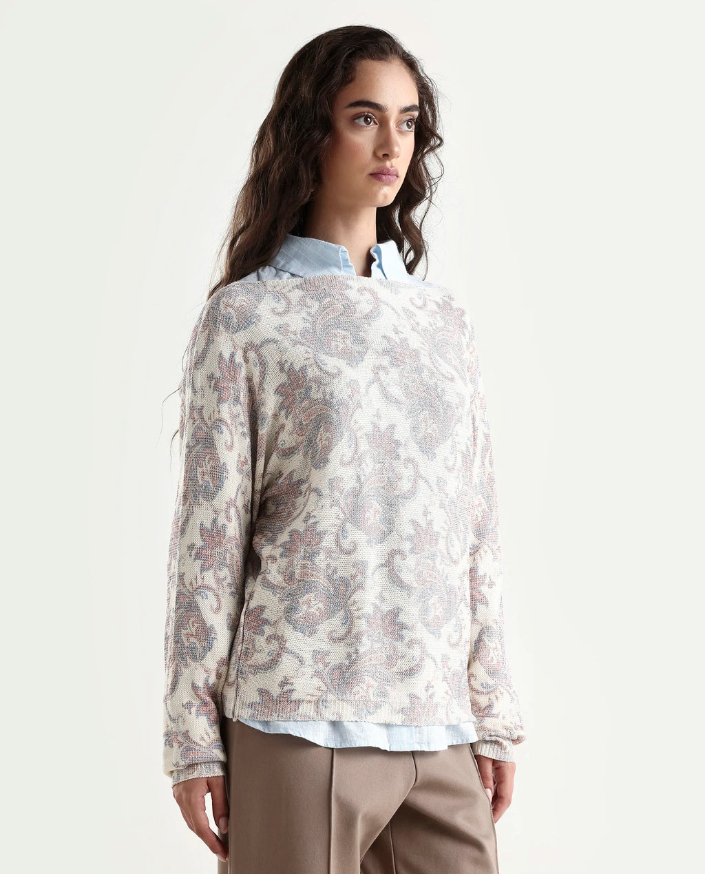 Rareism Women's Nupint Light Multi Viscose Blend Boat Neck Paisley Print Kimono Sleeve Relaxed Fit Top