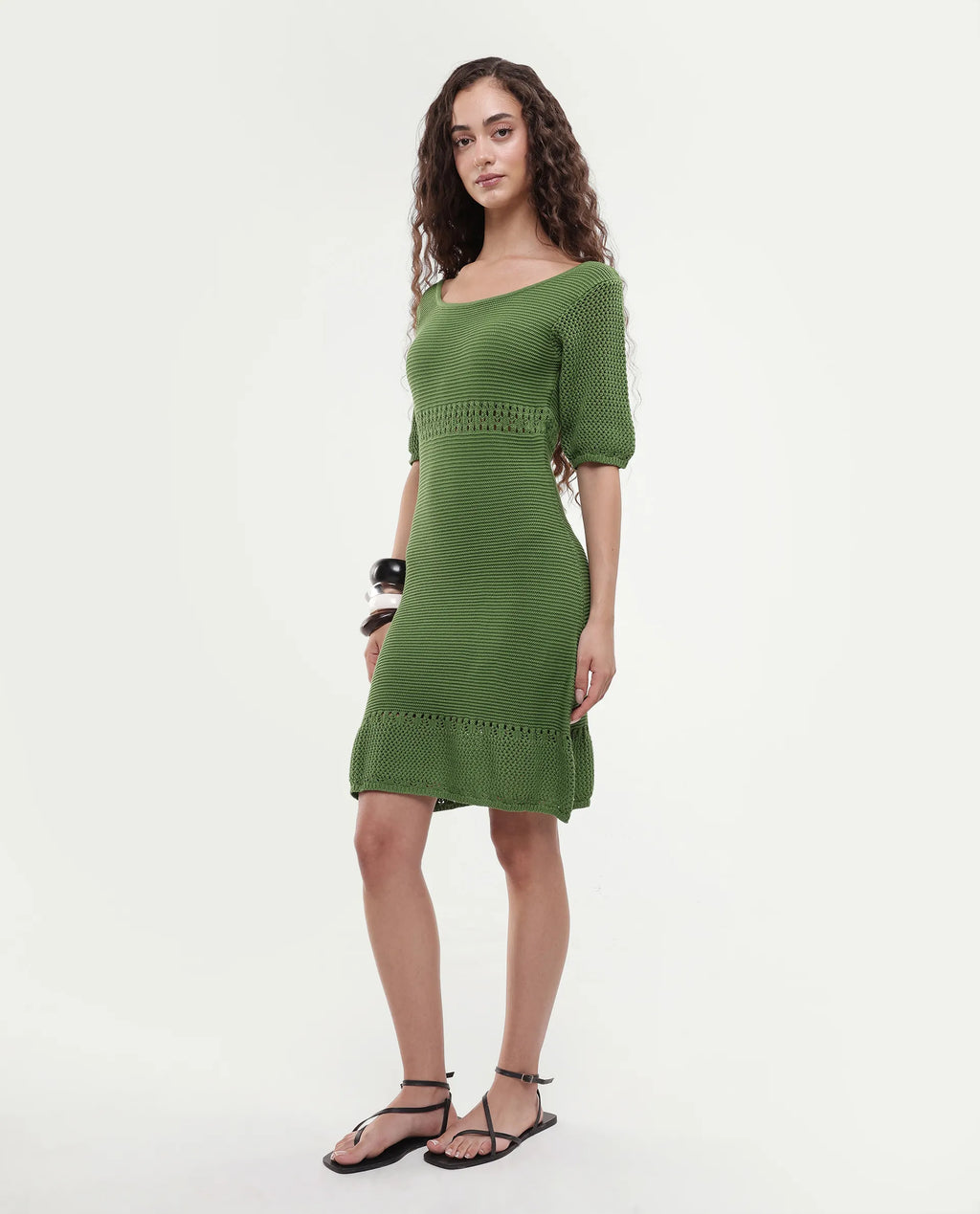 Rareism Women's Roncrod Dusky Olive Cotton Scoop Neck Plain Knee Length A-Line Dress