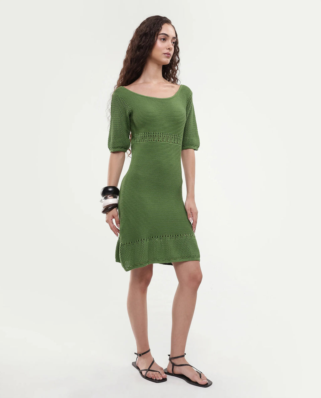 Rareism Women's Roncrod Dusky Olive Cotton Scoop Neck Plain Knee Length A-Line Dress