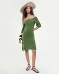 Rareism Women's Roncrod Dusky Olive Cotton Scoop Neck Plain Knee Length A-Line Dress