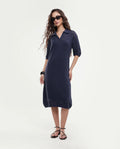 Rareism Women's Ronpen Navy Cotton Spread Collar Plain Midi Straight Fit Dress