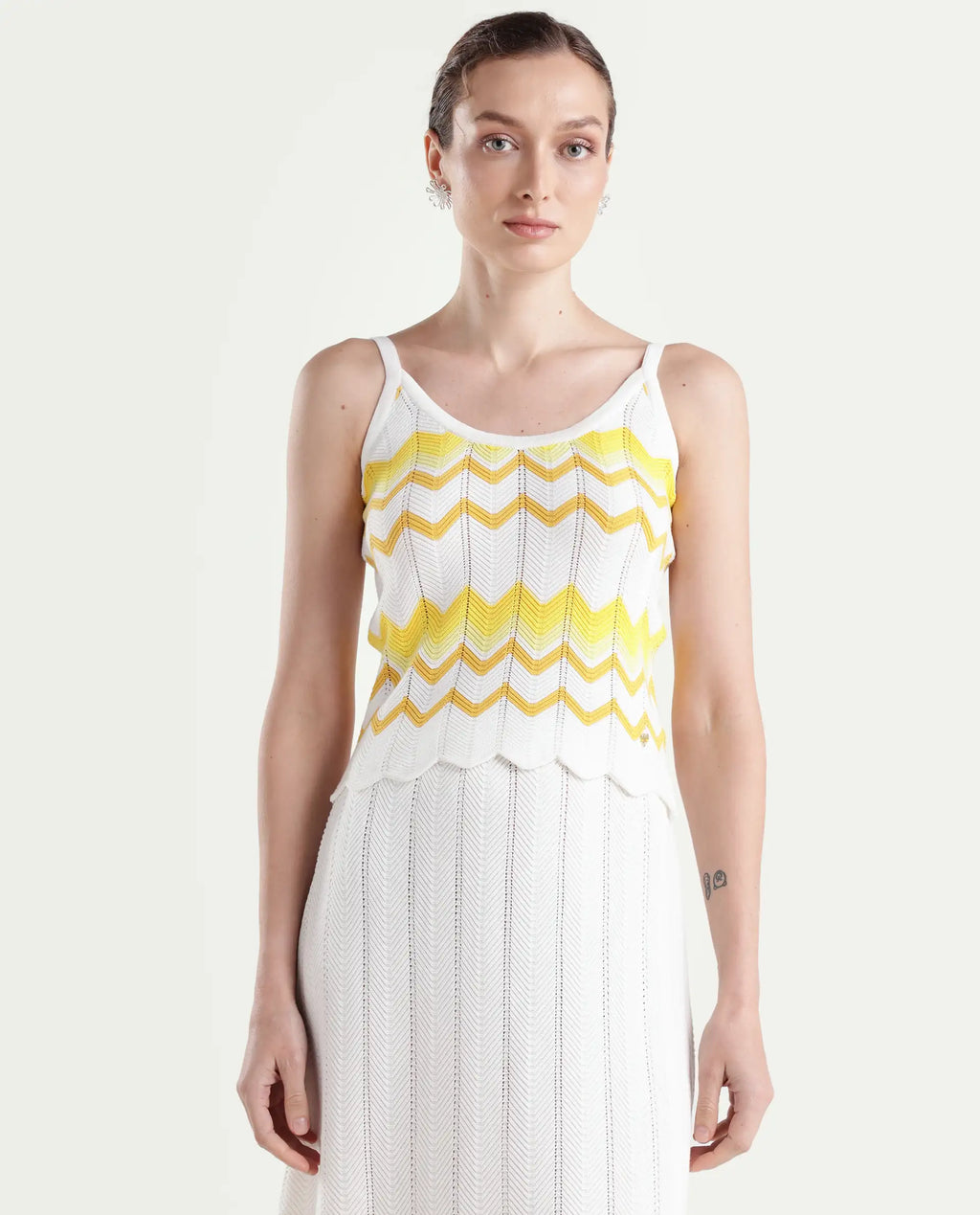 Rareism Women's Nupstir-T Yellow Cotton Shoulder Strap Knitted Sleeveless Crop Regular Fit Top