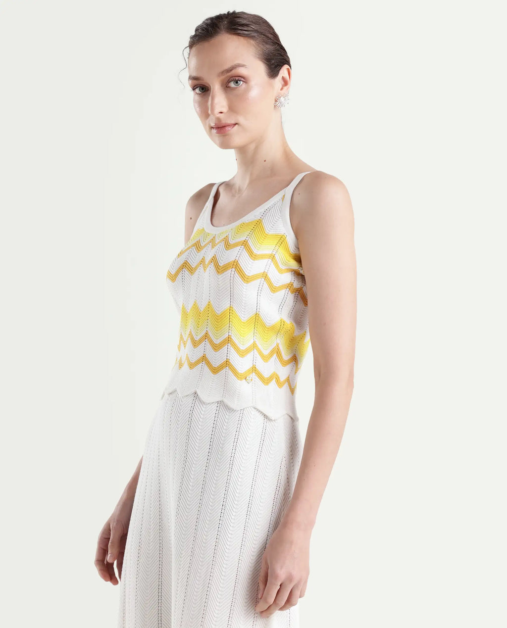 Rareism Women's Nupstir-T Yellow Cotton Shoulder Strap Knitted Sleeveless Crop Regular Fit Top