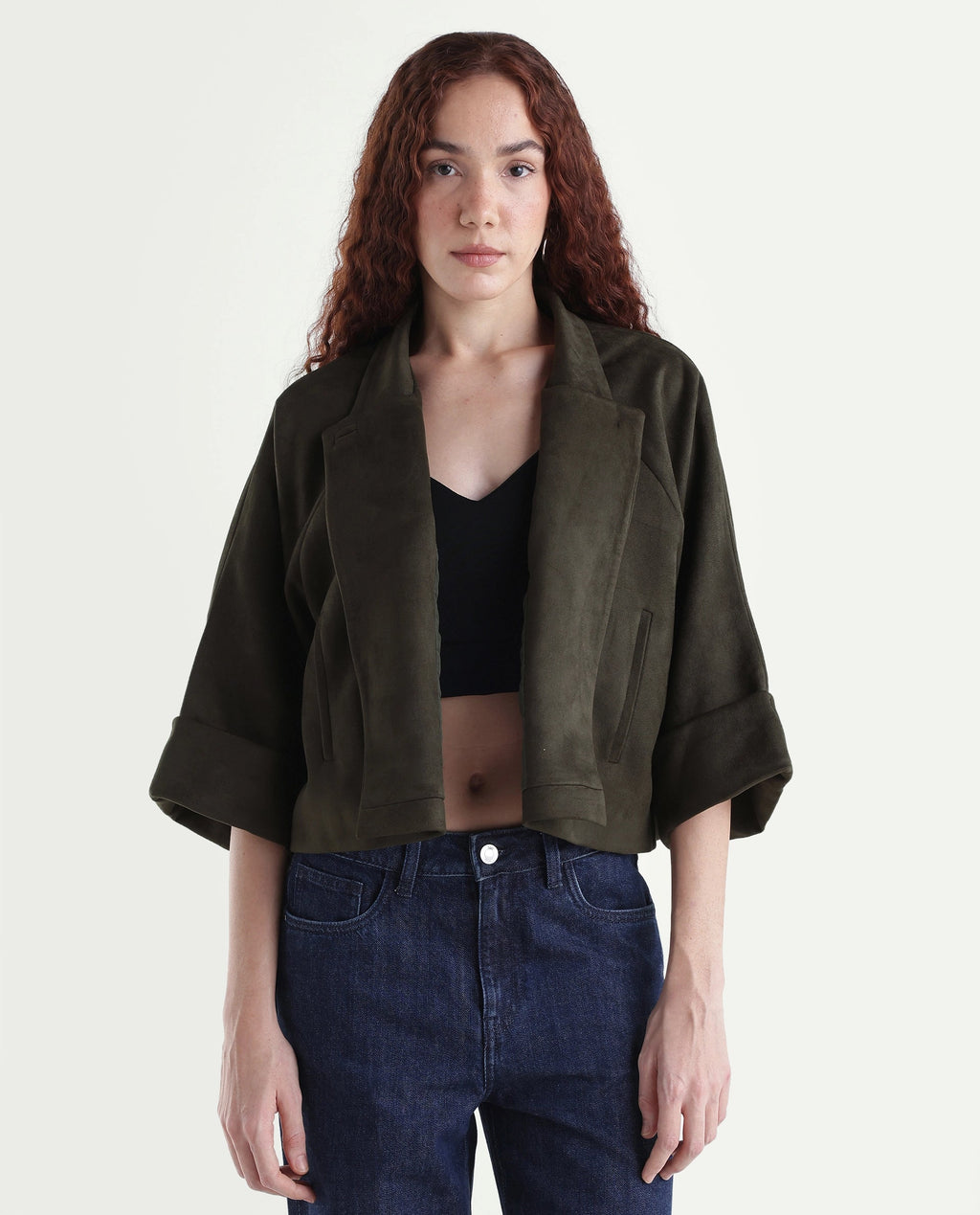 Rareism Women's Vacape Olive Plain Polyester Blend Relaxed Three Quarter Sleeve Jacket