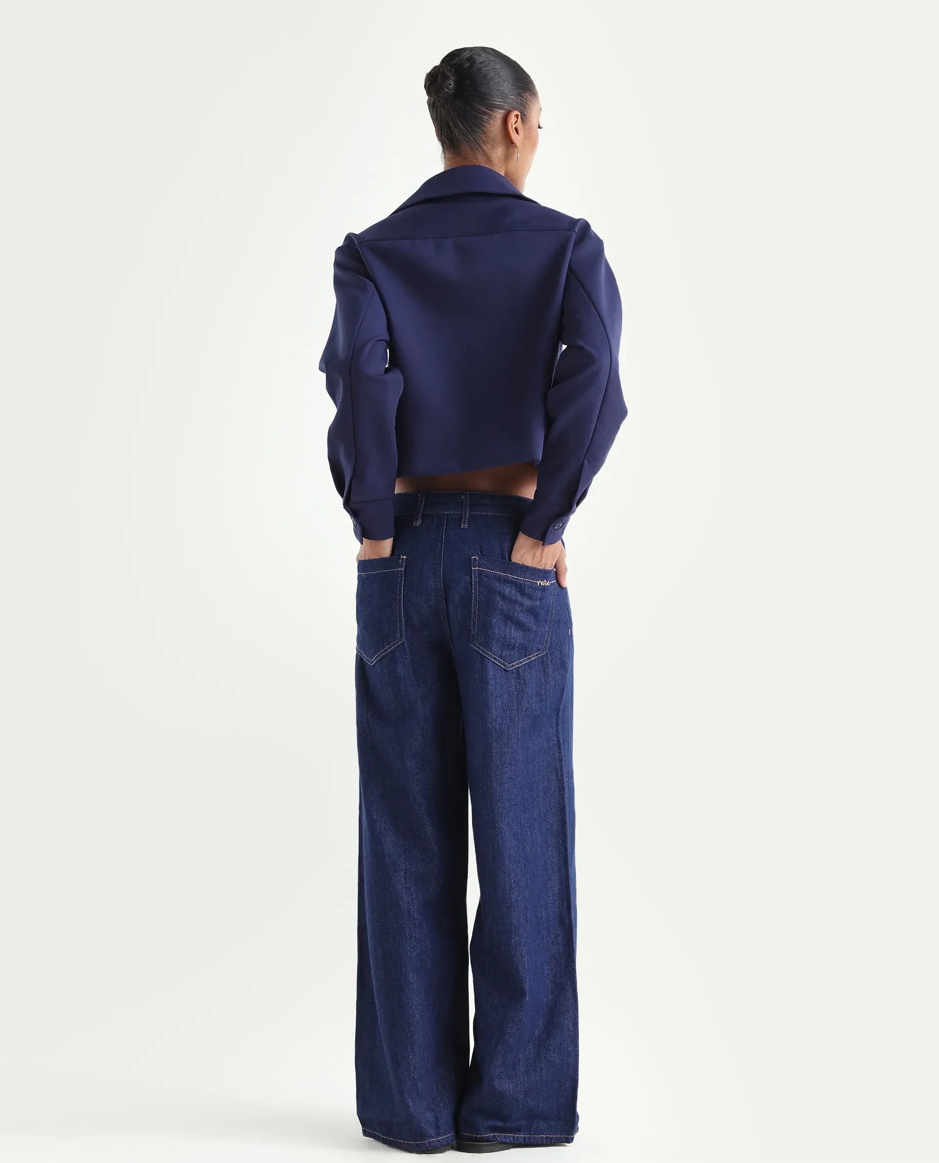 Rareism Women's Denio Dark Blue Cotton Wide Plain Jeans