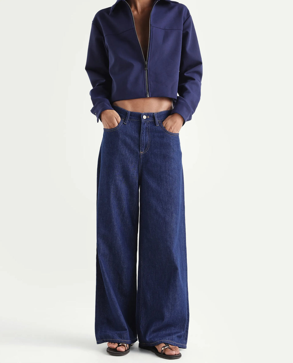 Rareism Women's Denio Dark Blue Cotton Wide Plain Jeans