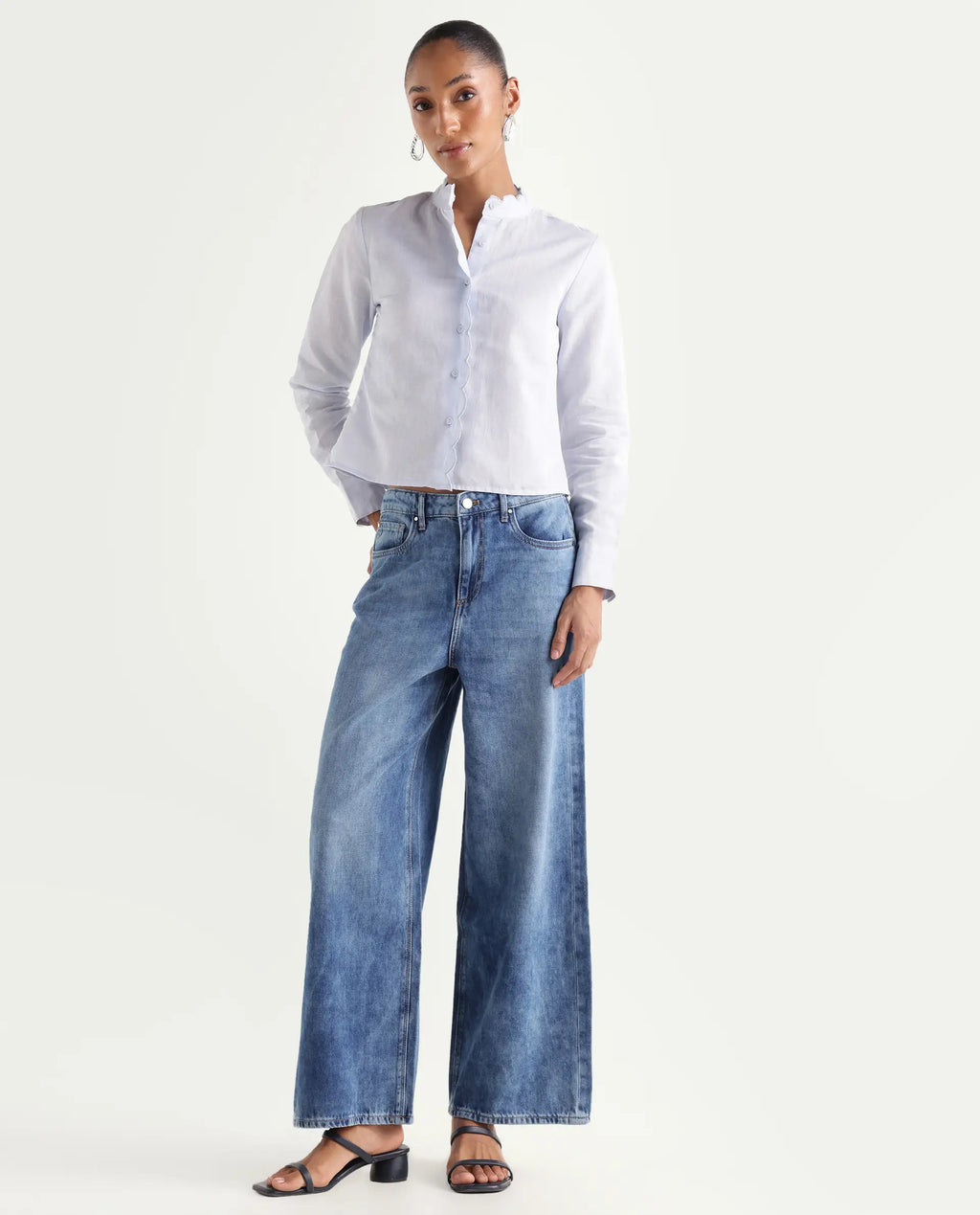 Rareism Women's Denil Light Blue Cotton Wide Leg Plain Jeans