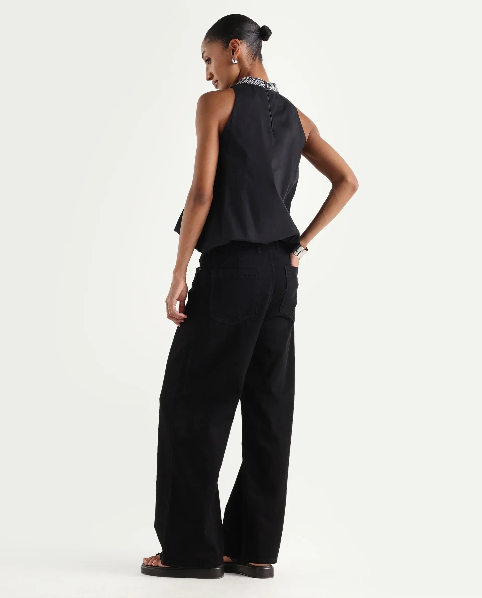 Rareism Women's Denik Black Cotton Wide Plain Jeans