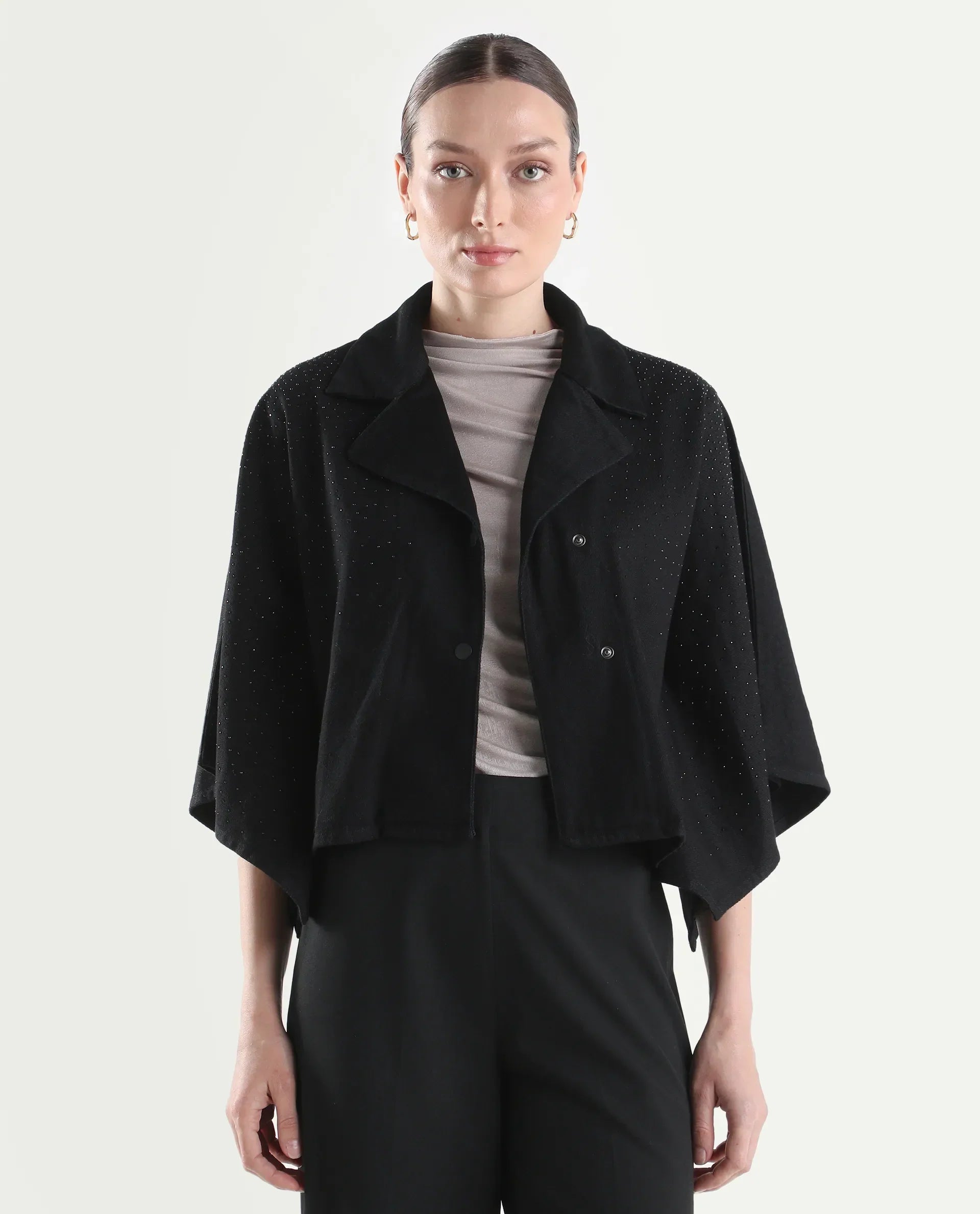 Rareism Women's Denmar Dark Blue Cotton Spread Collar Regular Plain Jacket