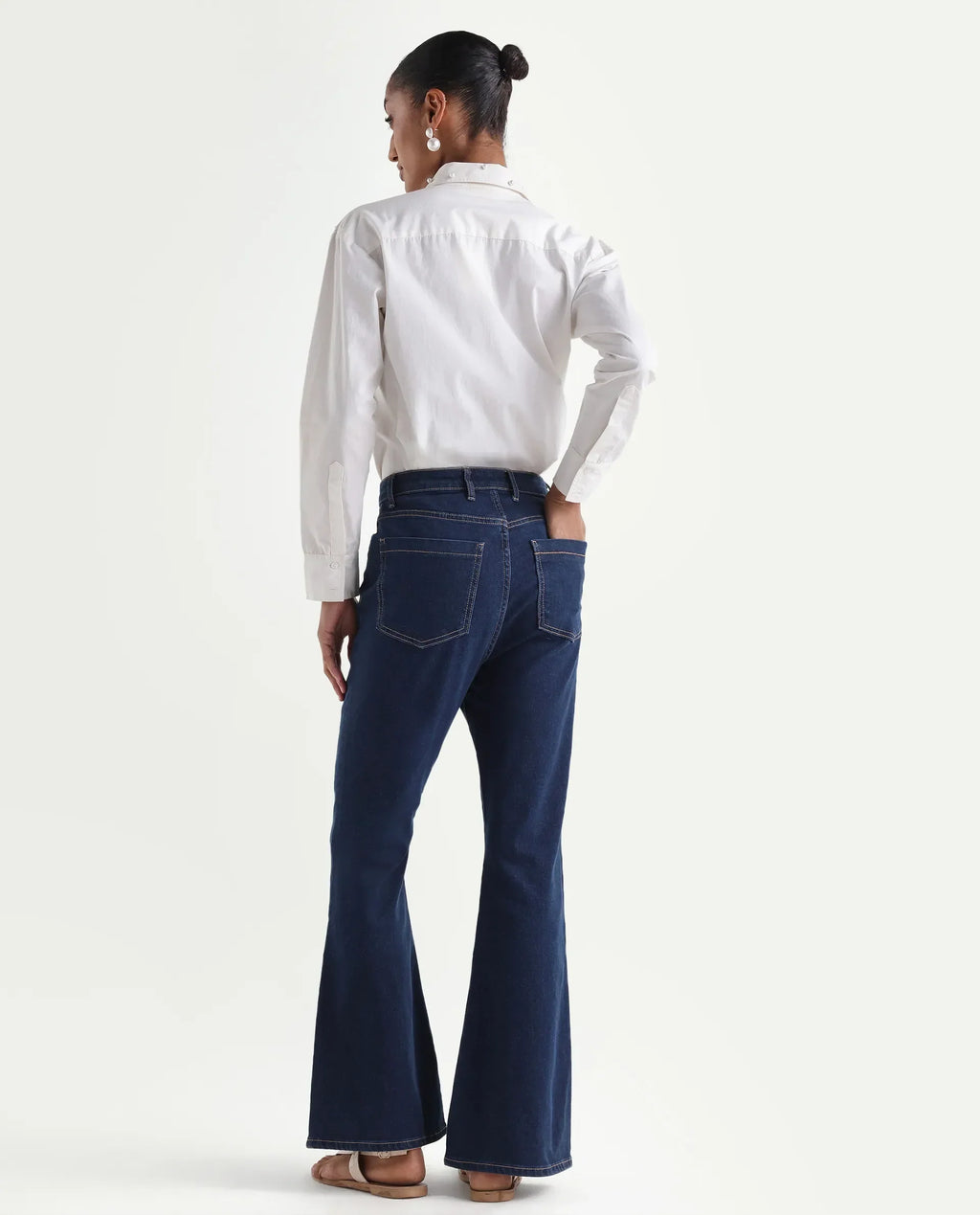 Rareism Women's Denfa Dark Blue Cotton Blend Bootcut Plain Jeans