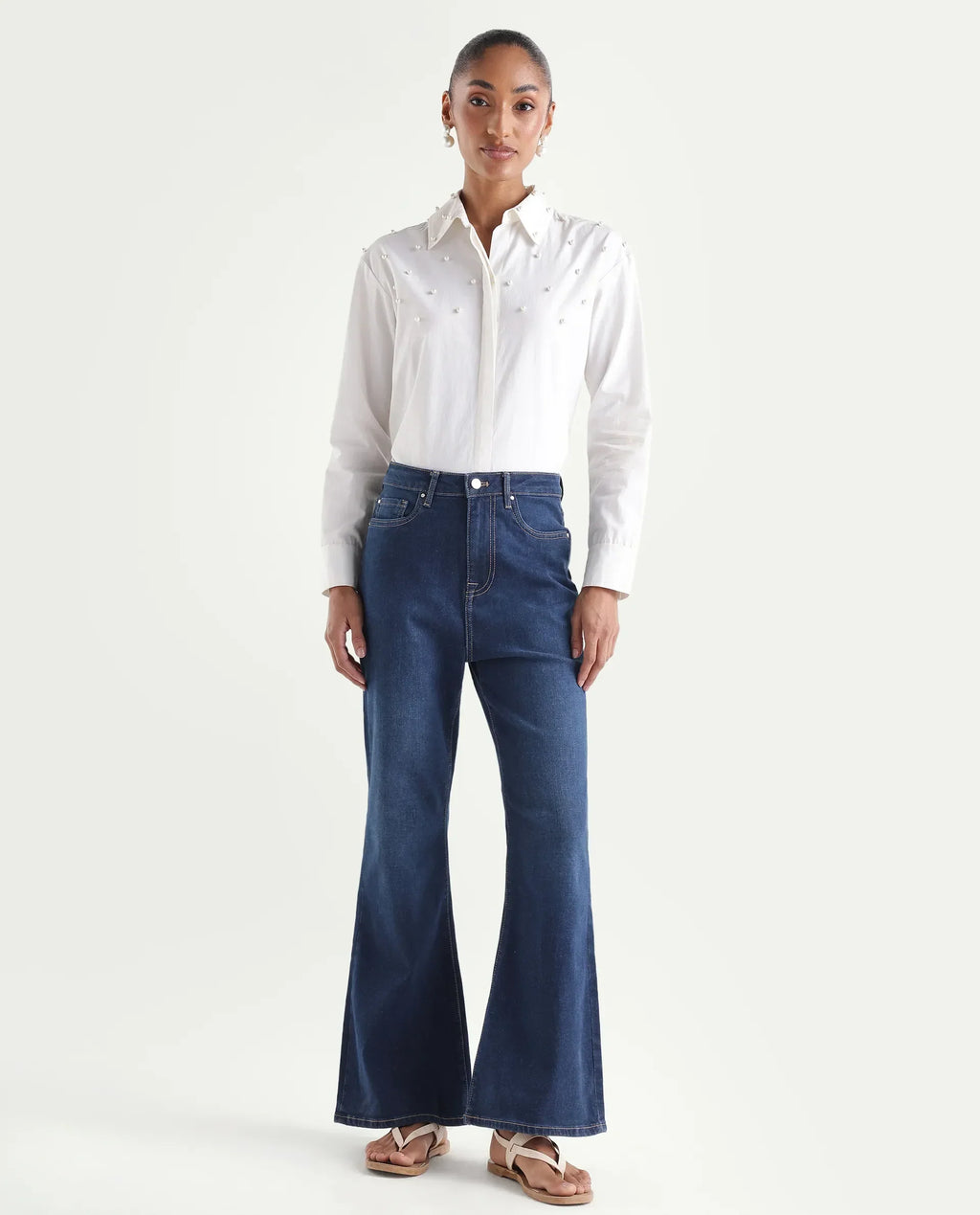 Rareism Women's Denfa Dark Blue Cotton Blend Bootcut Plain Jeans