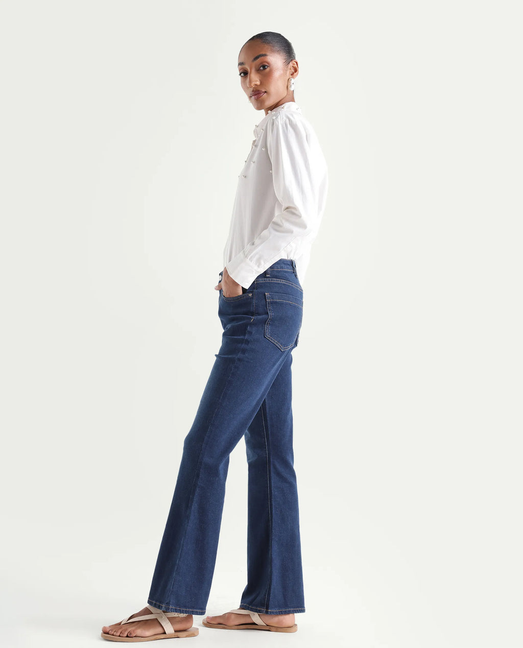 Rareism Women's Denfa Dark Blue Cotton Blend Bootcut Plain Jeans