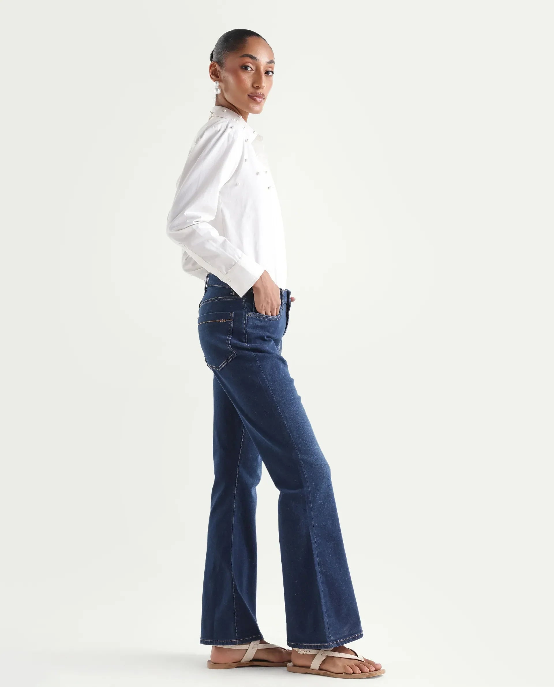 Rareism Women's Denfa Dark Blue Cotton Blend Bootcut Plain Jeans