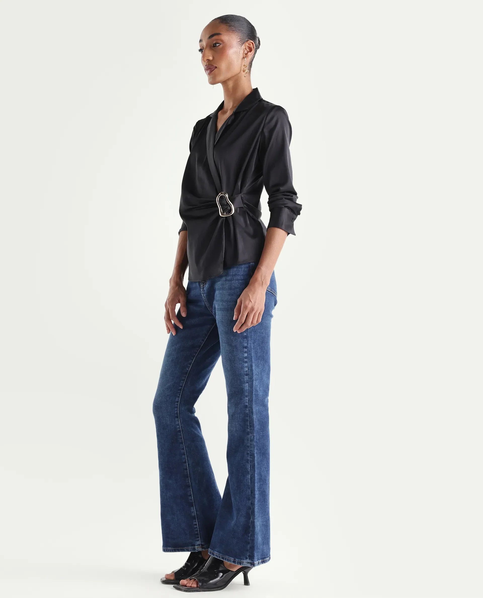 Rareism Women's Denza Blue Cotton Blend Bootcut Plain Jeans