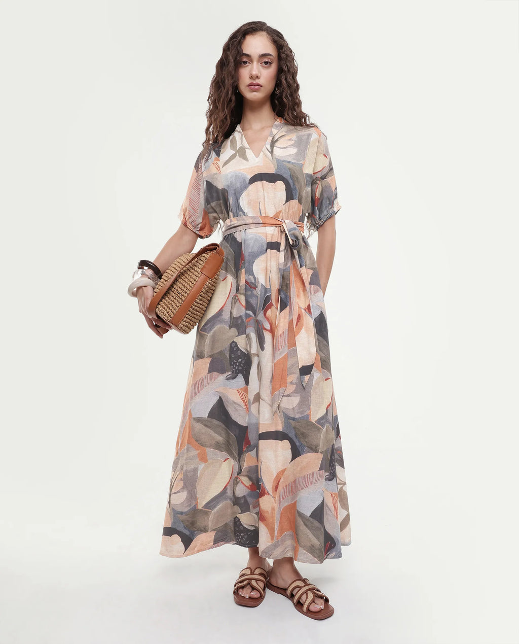 Rareism Women's Arnai Multi Viscose V-Neck A-Line Abstract Print Dress