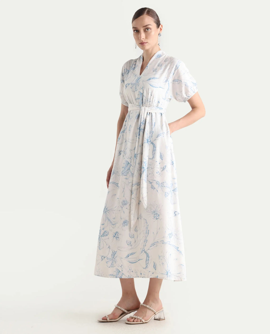 Rareism Women's Arna White Viscose V-Neck A-Line Floral Print Dress