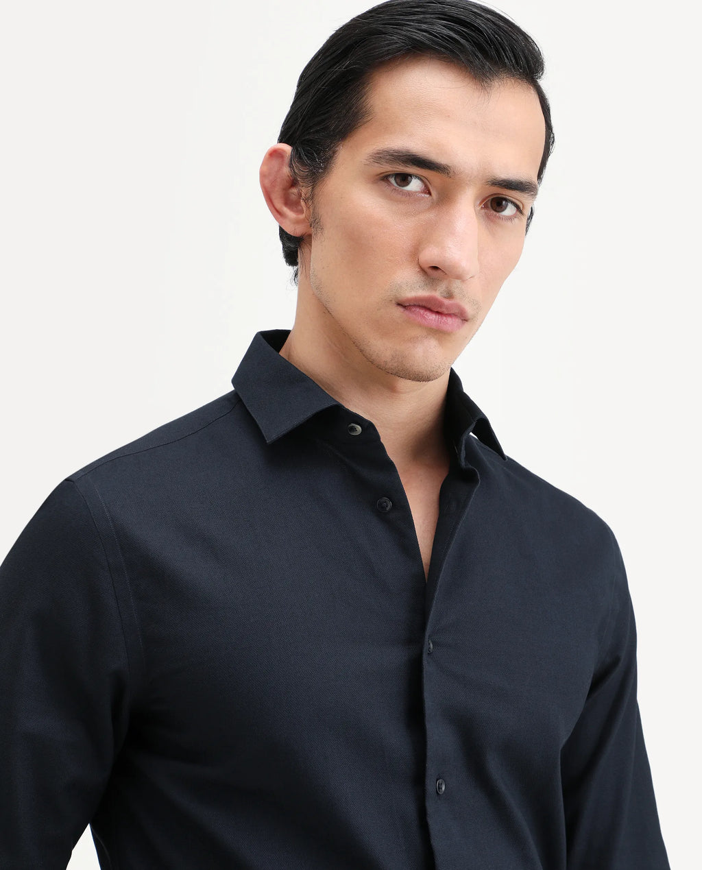 Rare Rabbit Men's Lasko Navy Cotton Plain Regular Fit Full Sleeve Collared Shirt