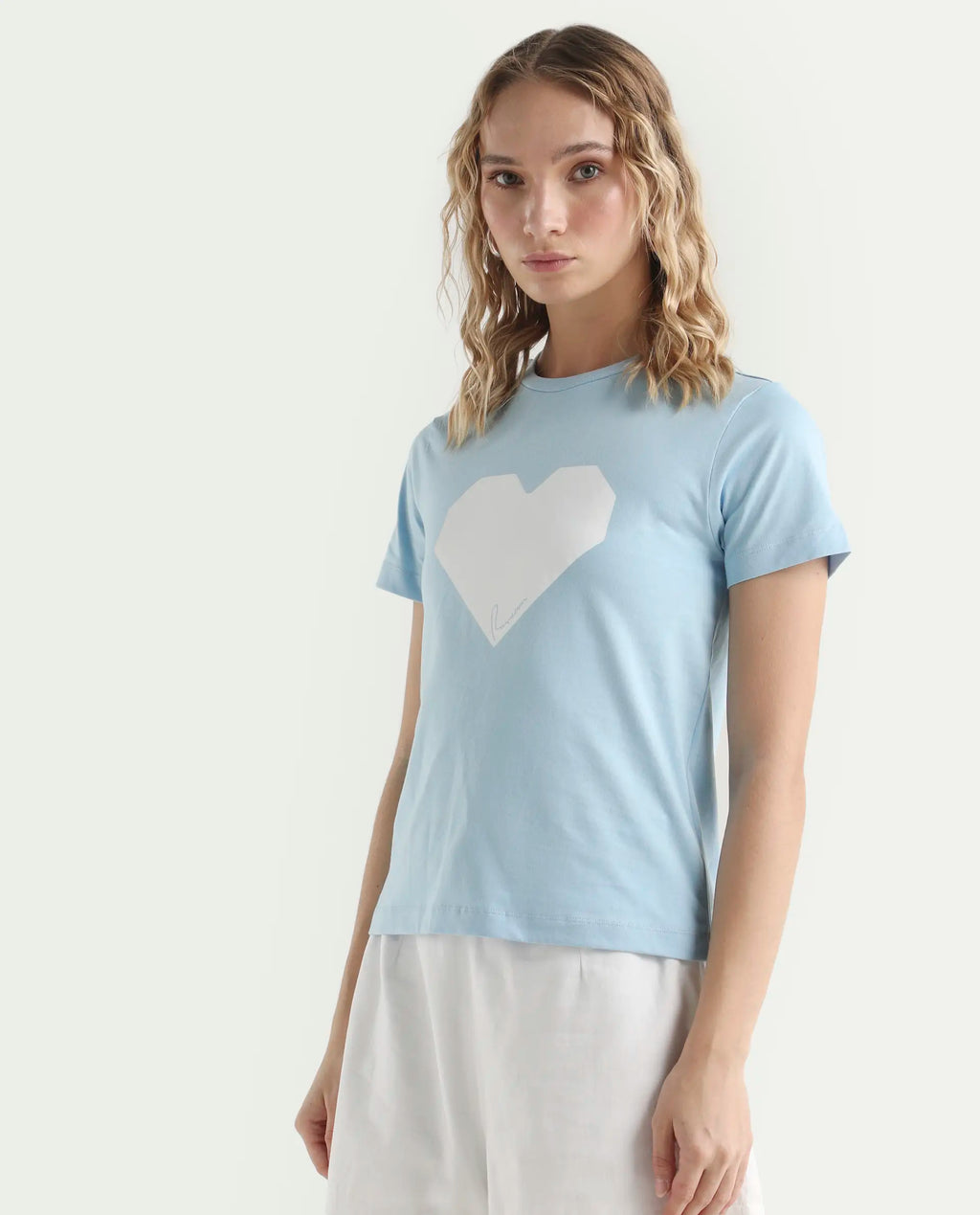 Rareism Women's Bhax Light Blue Cotton Crew Neck Typography Print Regular Fit T-Shirt