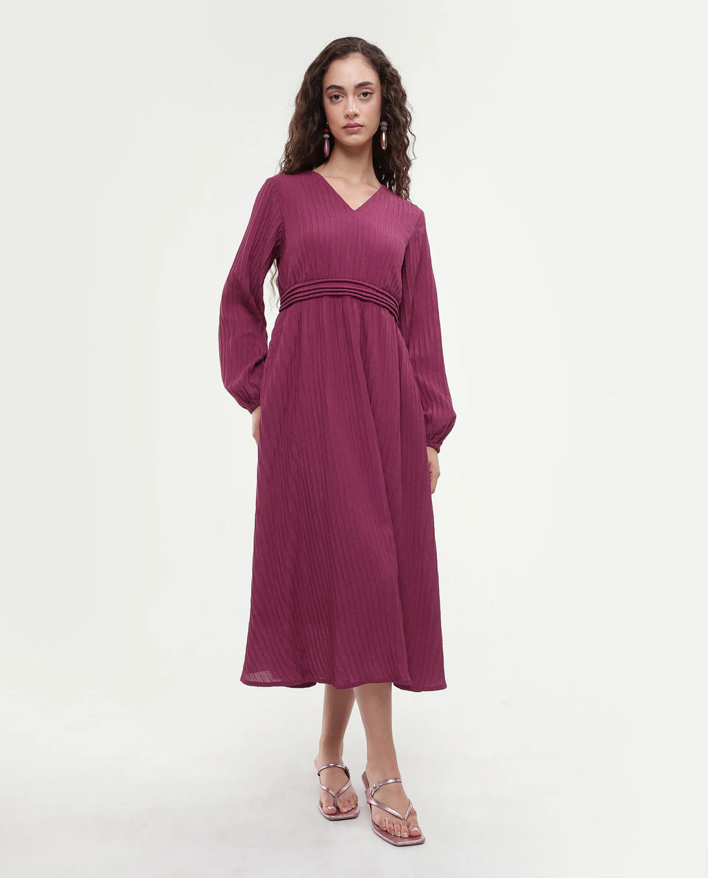 Rareism Women's Somiki Dark Red Polyester Blend V-Neck Plain Bishop Sleeve Midi Flared Dress