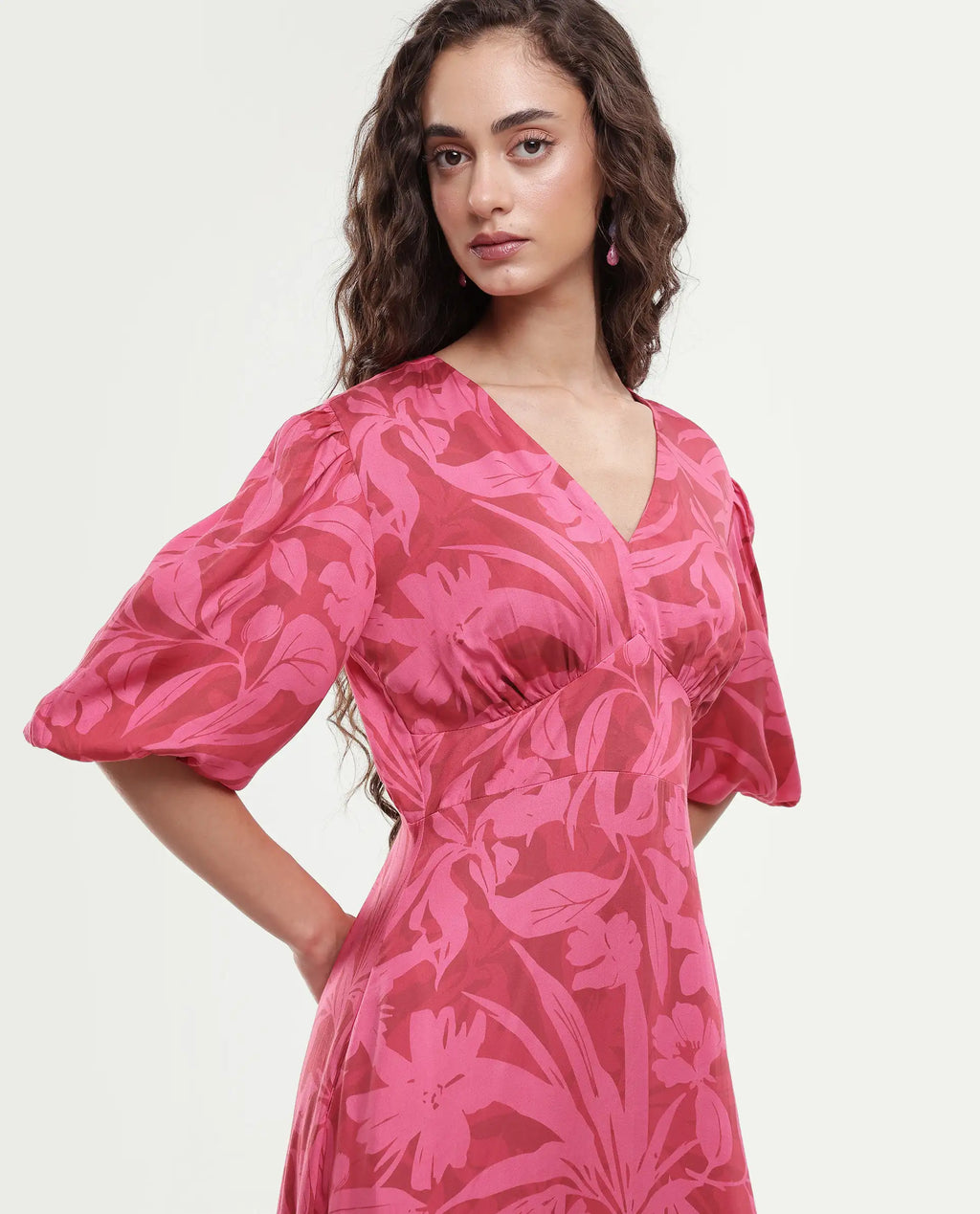Rareism Women's Somkin Pink Modal V-Neck Floral Print Balloon Sleeve Midi A-Line Dress