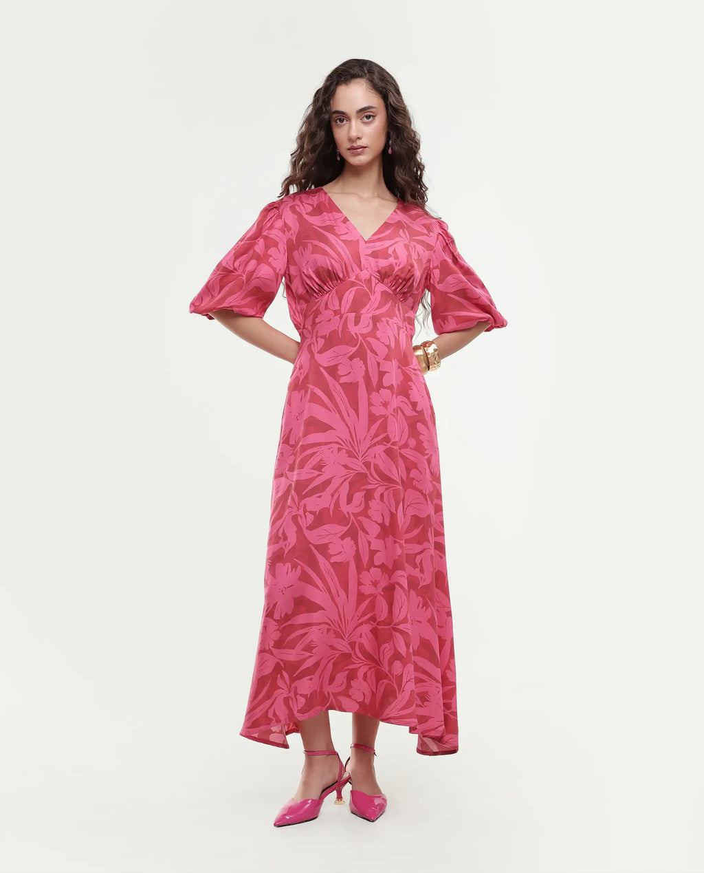 Rareism Women's Somkin Pink Modal V-Neck Floral Print Balloon Sleeve Midi A-Line Dress