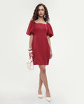 Rareism Women's Somkan Red Polyester Square Neck Plain Balloon Sleeve Mini Straight Fit Dress