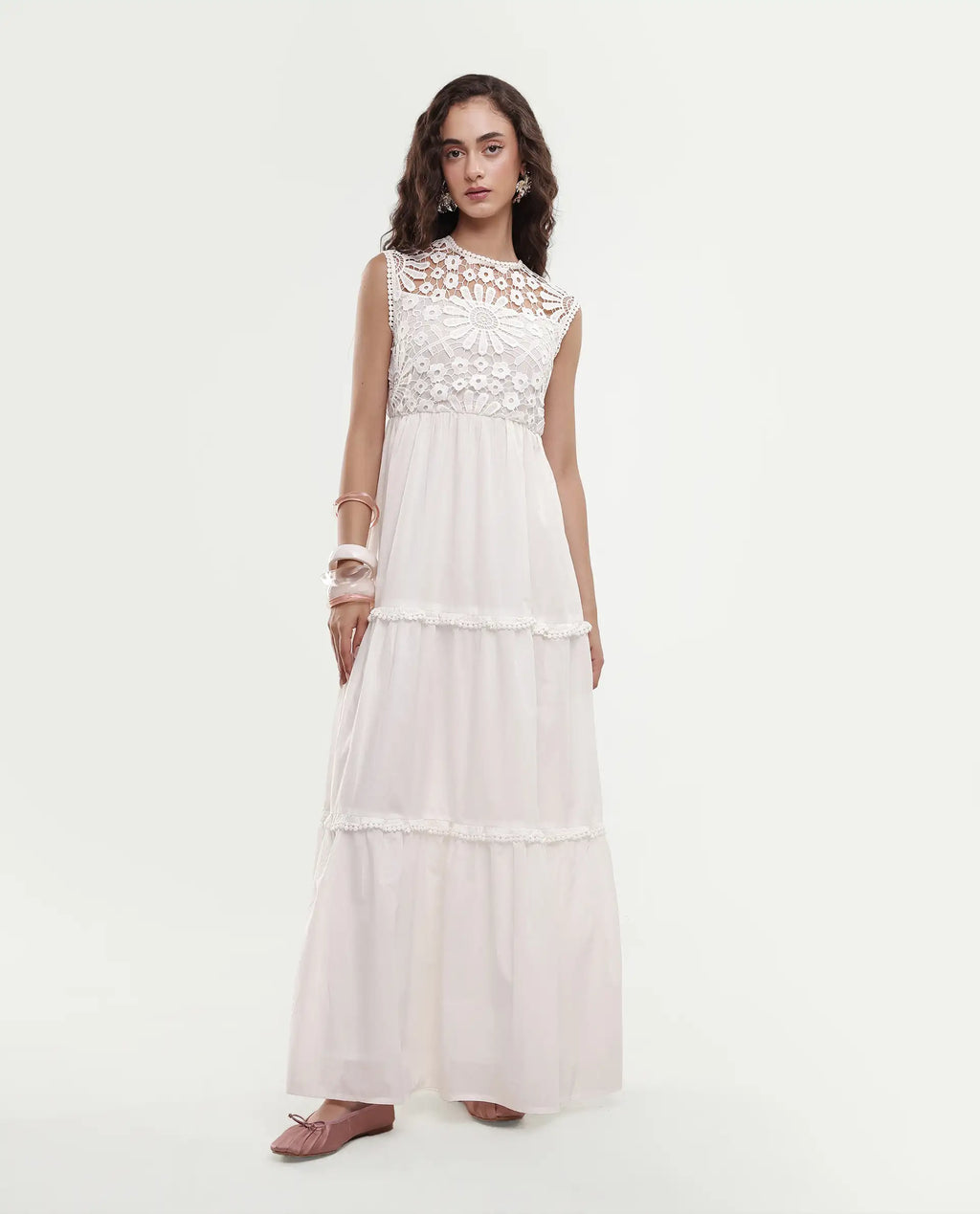 Rareism Women's Bhamona White Cotton Round Neck Plain Sleeveless Maxi Fit And Flare Dress