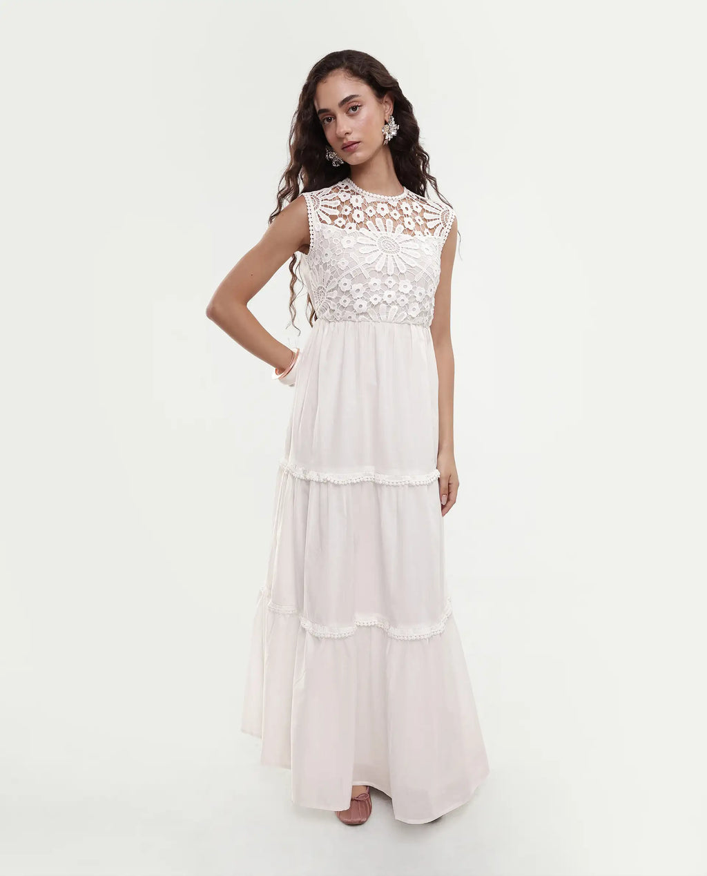 Rareism Women's Bhamona White Cotton Round Neck Plain Sleeveless Maxi Fit And Flare Dress