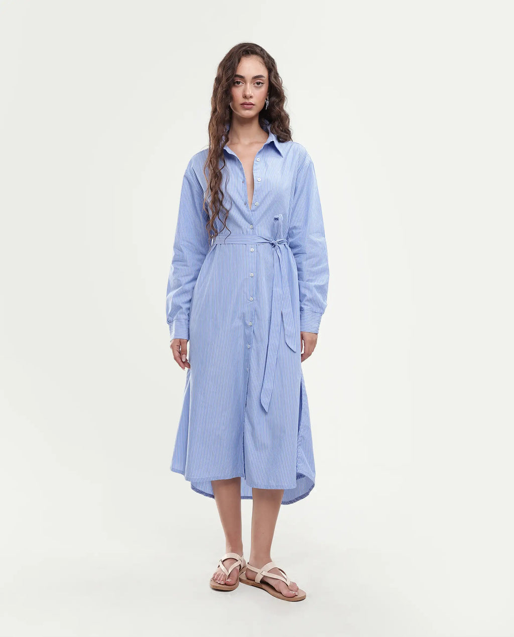 Rareism Women's Bharon Light Blue Cotton Spread Collar Striped Cuffed Sleeve Midi Straight Fit Dress