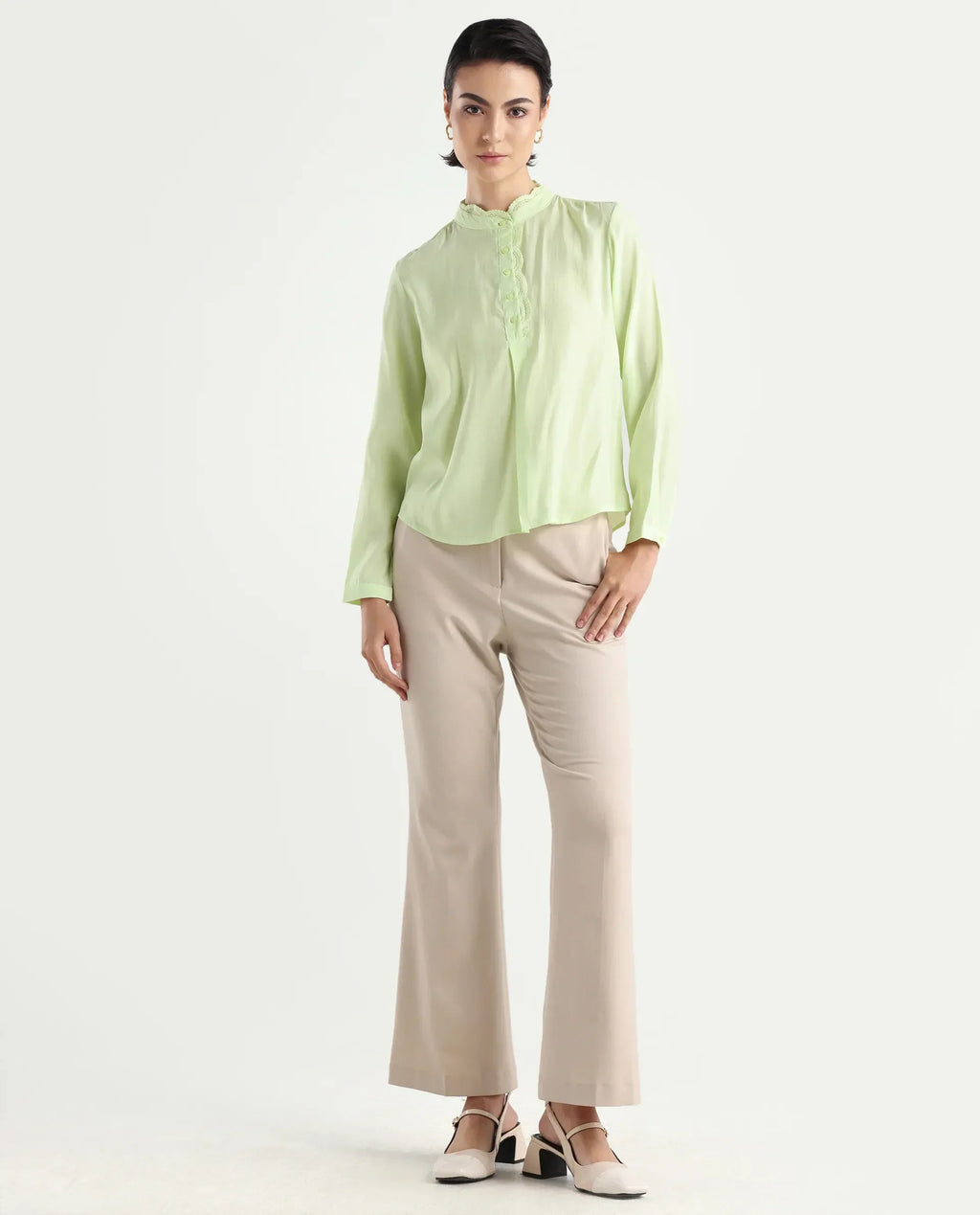 Rareism Women's Prefeck Green Viscose Blend Mandarin Collar Plain Cuffed Sleeve Regular Fit Top